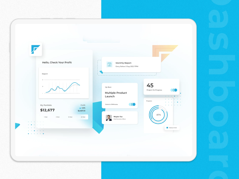 A UI/UX design showcase of a financial portfolio management dashboard on a tablet mockup.