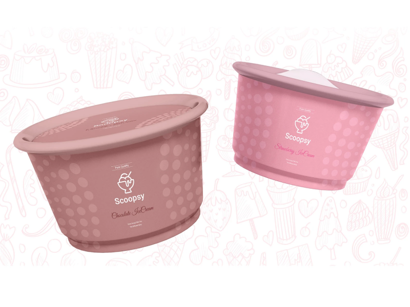 A 3D product packaging mockup for Scoopsy ice cream, featuring two containers in shades of dusty rose and bubblegum pink