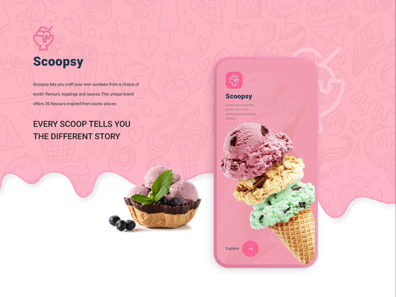A UI/UX design showcase for the Scoopsy ice cream e-commerce app