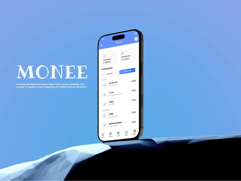 3D smartphone mockup of the MONEE personal finance app displaying a home dashboard with total balance, total expenses, and a detailed transaction history for dining, travel, and utilities, set against a clean blue gradient background