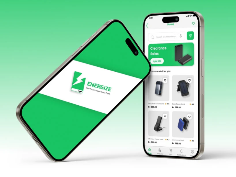 3D smartphone mockup for the ENERGIZE power bank e-commerce app