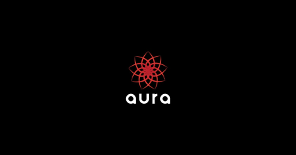 A professional graphic design showing the Aura brand logo with a red lotus mandala flower symbol