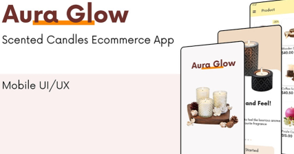 A professional UI UX case study showing an Aura Glow scented candles store mobile app design
