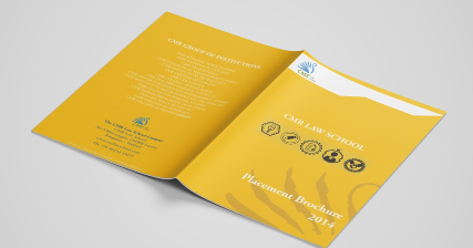 A professional academic brochure design for CMR School of Law featuring placement highlights and institutional branding