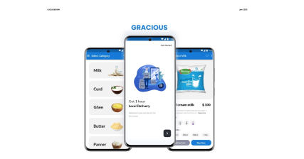 A professional UI UX case study showing Gracious dairy products store mobile app design for Android devices