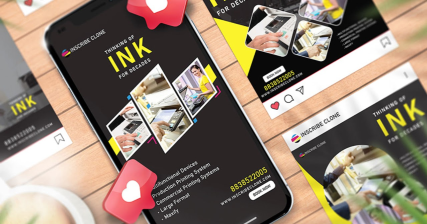 A professional graphic design showcase for Inscribe Clone featuring social media posts and photocopier brand identity
