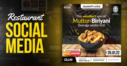 A professional restaurant social media poster design featuring delicious mutton biryani for Awestrucks multi-cuisine family restaurant