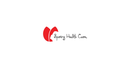 A professional graphic visual identity and minimalist logo design for Spring Health Care featuring red branding