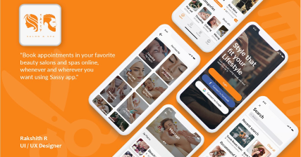 A professional UI UX case study showing a orange mobile app design for Sassy salon services platform