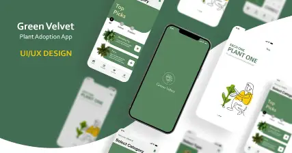 A professional UI UX case study showing a green mobile app design for the Green Velvet plant adoption platform
