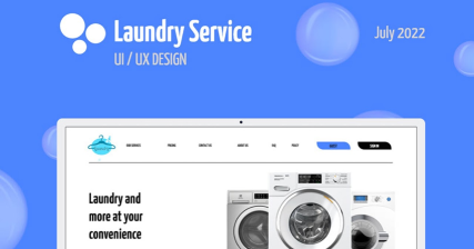 A professional UI UX case study showing a clean laundry service web platform design with blue accents
