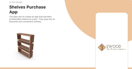 A professional UI UX case study showing a furniture shelves purchase mobile app design for Swood